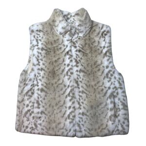 Womens Faux Fur Vest Large White Tan Leopard Print Full Zip Sleeveless Jacket